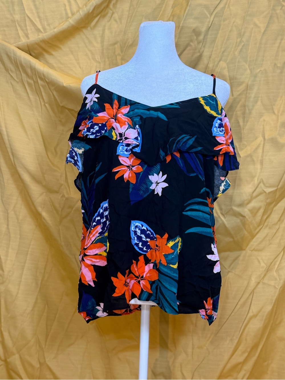 Old Navy Black Floral Off-Shoulder Cami with Orange & Pink Blooms